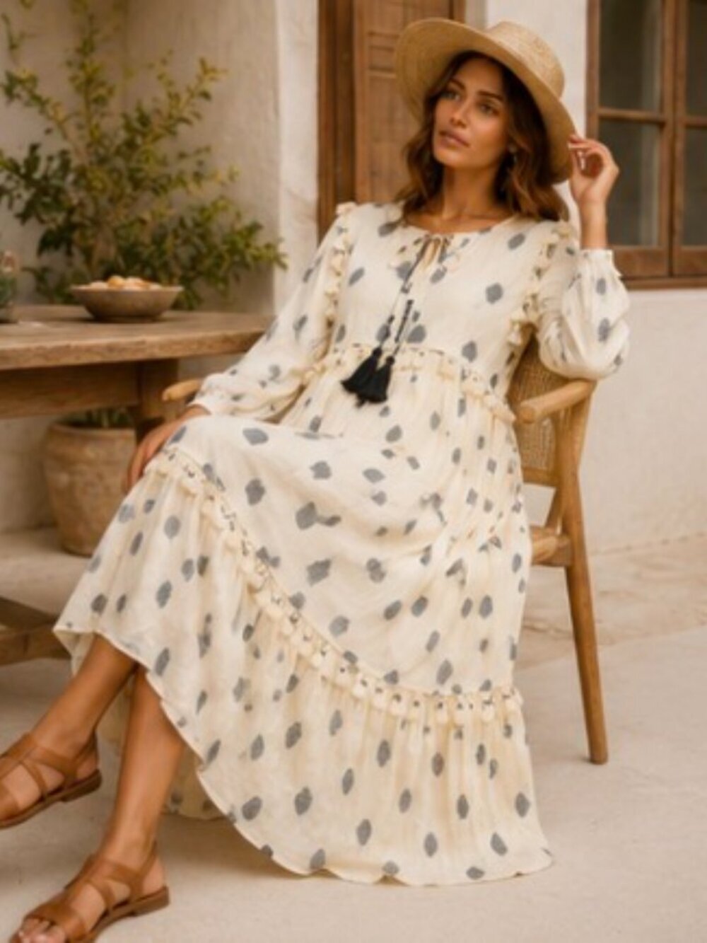 NWOT Roma Boho Cotton Maxi Dress Ivory Black Polka Dot Tassel Trim Long Sleeve M